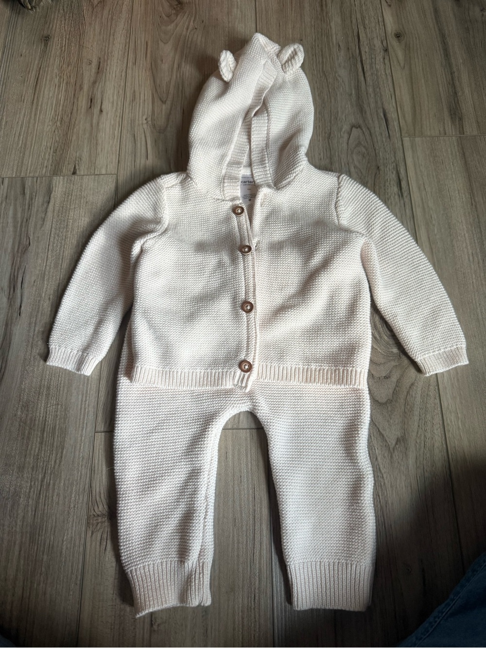 Carter’s Cream Knit Baby Hooded Button Romper with Ear Detail Size 12 months - Picture 4 of 7